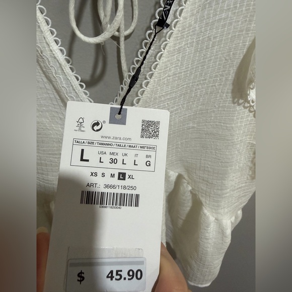 NWT Zara White Ruffled Peplum Blouse Tie Back Flutter Sleeve Size L - Picture 4 of 5